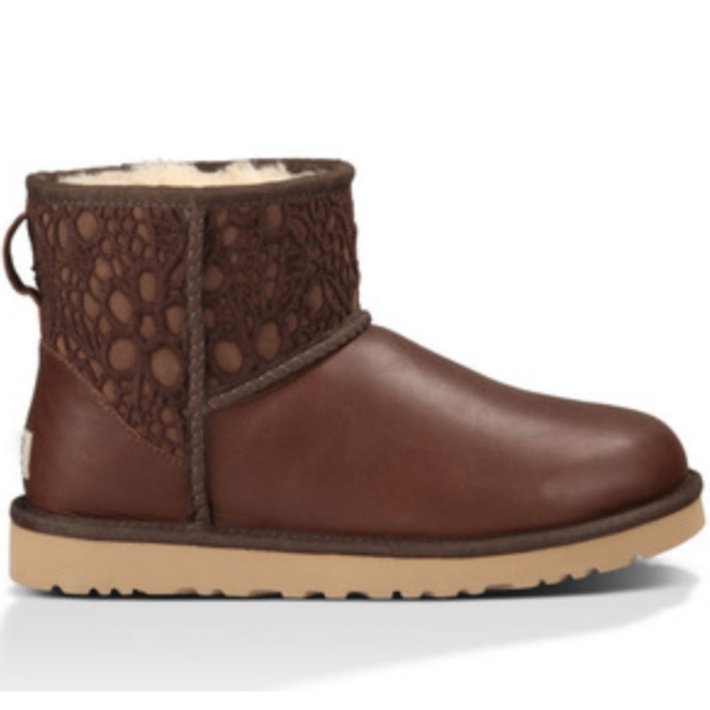 UGG Classic Leather Mini Floral Lace in the color “Stout Brown" Size 7